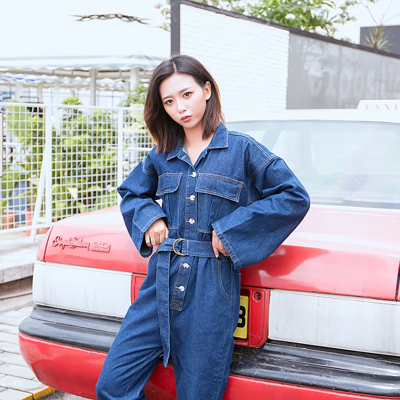 Женский джинсовый однобортный комбинезон модный Осенний карго с широкими