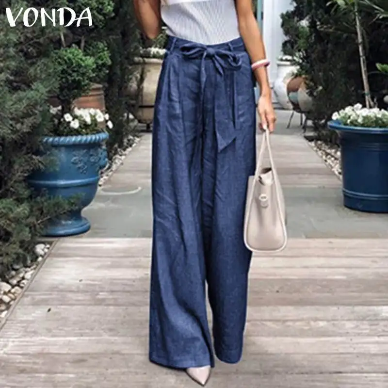 VONDA летние брюки свободные джинсовые широкие брюки джинсы эластичные брюки с высокой талией Женская одежда повседневные штаны 5XL
