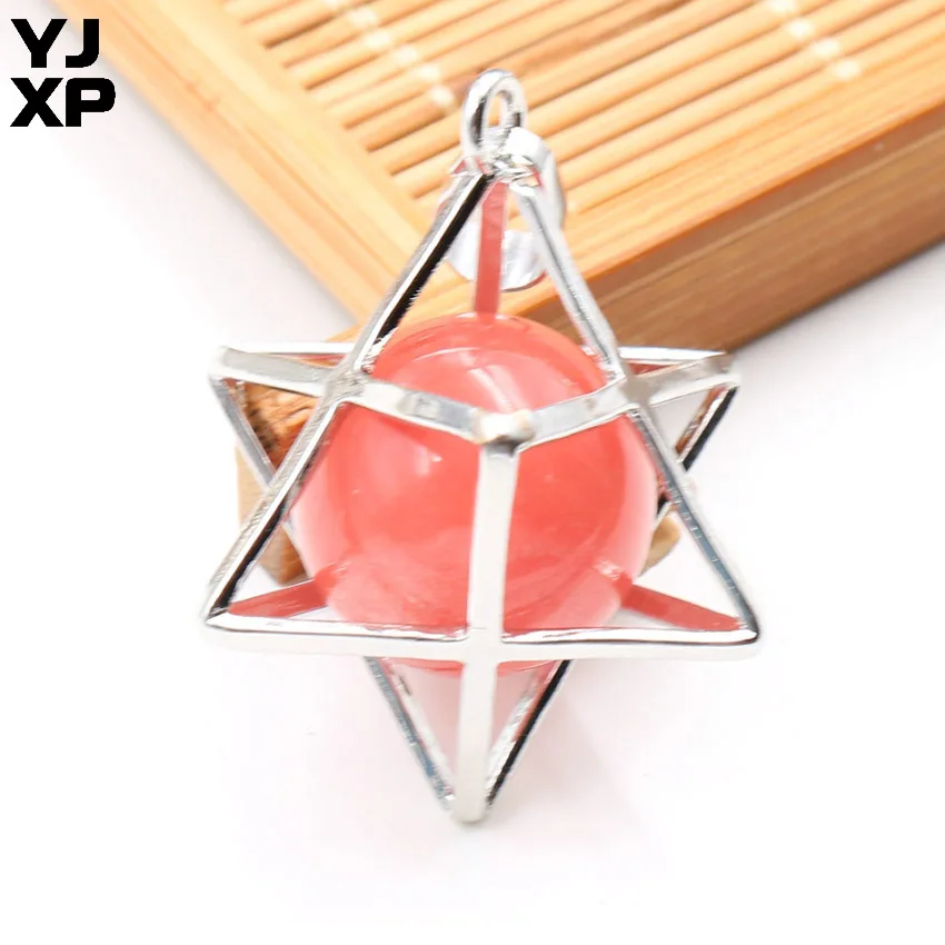 Cherry Quartzs 1 шт. Energy Merkaba кулон из натурального камня аметисты Розовый Кварц Круглые бусины рейки колье с целебным кулоном подвесные шармы Ювелирные украшения подарок - Окраска металла: Cherry Quartzs