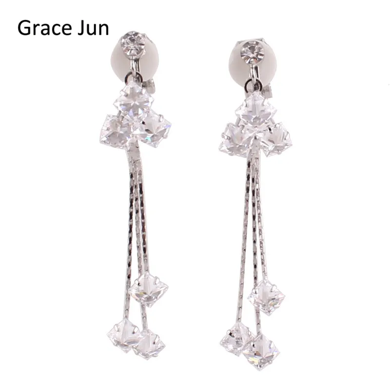 

Grace Jun New Arrival Long Drop Pierced Earrings with AAA CZ Clip on Earrings Non Piercing for Women Bijoux