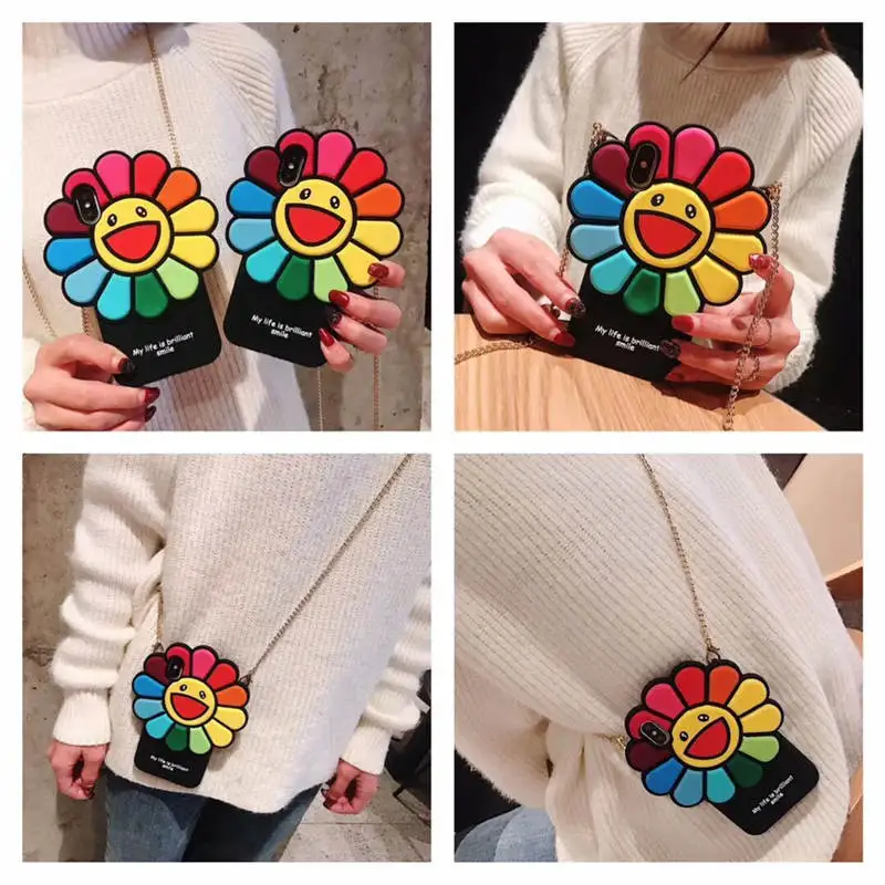 Japanese Sun Flower Smiley Mobile Shell For Iphone 66S 78 78Plus X/Xs Xr Xsmax With Chain Cross Protection Cover |