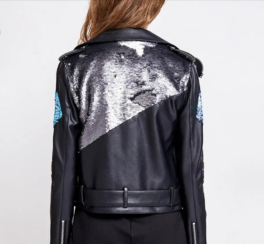 Куртка из искусственной кожи расшитая блестками на весну-осень 2019 | Женская
