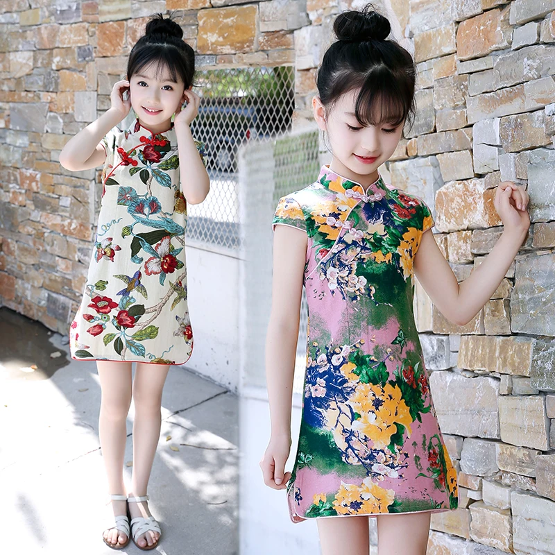 Детская Qipao короткий рукав китайский Стиль платья для девочек Cheongsam Повседневное