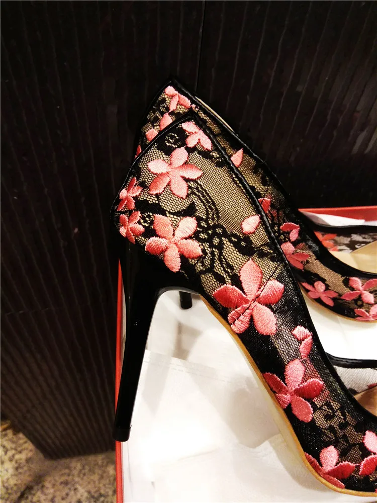 Kmeioo Elegant Embroider Flower Shoes Woman Wedding Pumps Pointed Toe High Heels Lace Stiletto Thin Heel Spring New S | Обувь