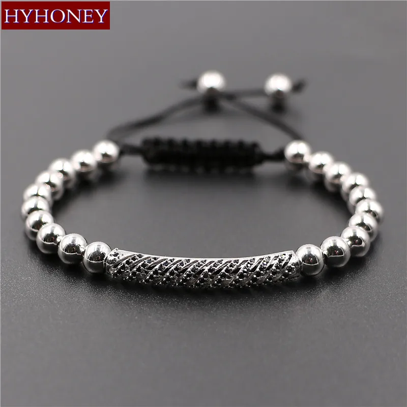 Лидер продаж модный мужской браслет 6 мм медные бусины и паве микро CZ соединитель
