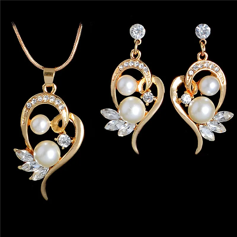Fashion Simulated Pearl Jewelry Sets for Wedding Cute Flower Stud Earrings Crystal Wings Pendant Necklace Gold Color Chain | Украшения и