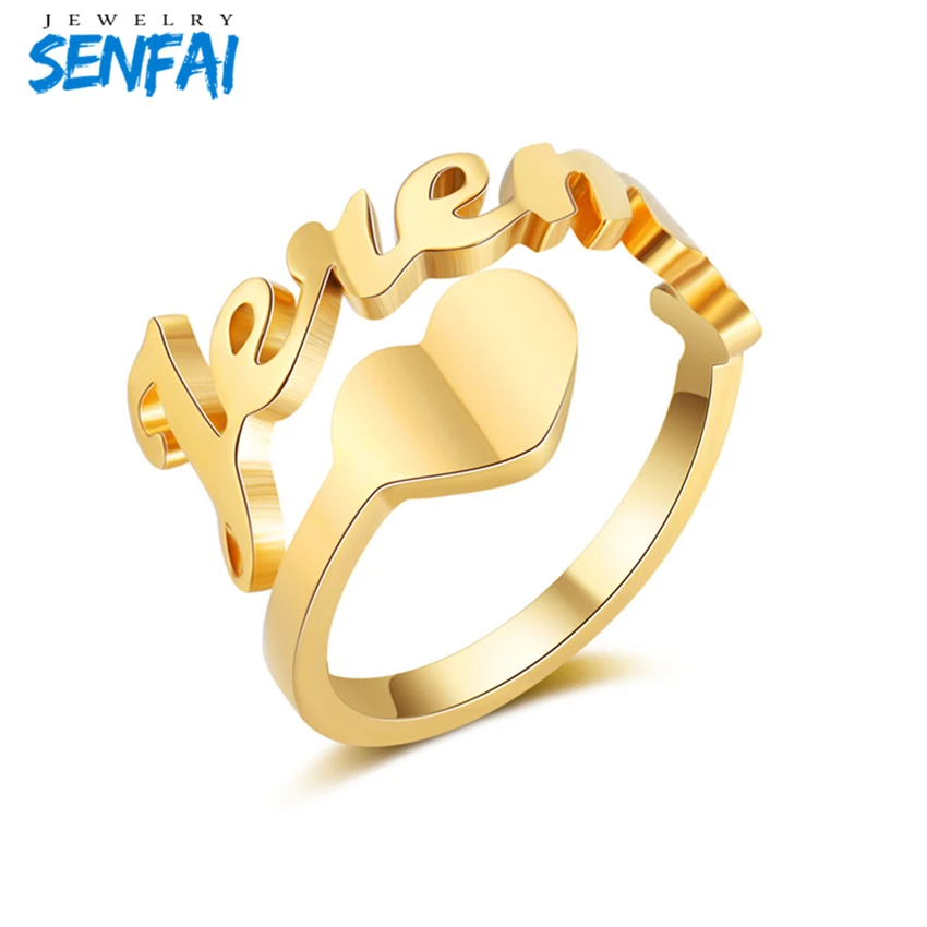

Senfai Stainless Steel Cut Out Name with Heart Adjustable Ring Personalized Name Wedding Ring for Lover Gift Bridesmaid