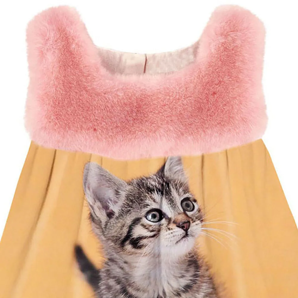 baby Girls Dress fashion Cute Animal printing Spring/Autumn faux fur sleeve girls dress Toddler Kids Dresses Children Clothing | Детская