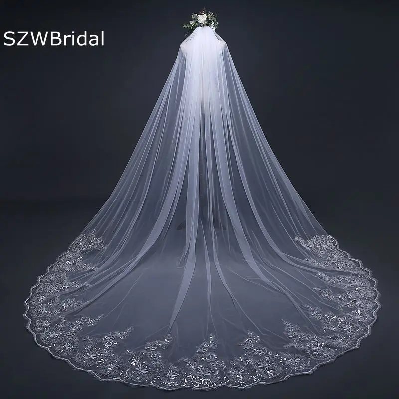Свадебная фата 3 метра цвета слоновой кости с длинным кружевным краем|bridal veil with