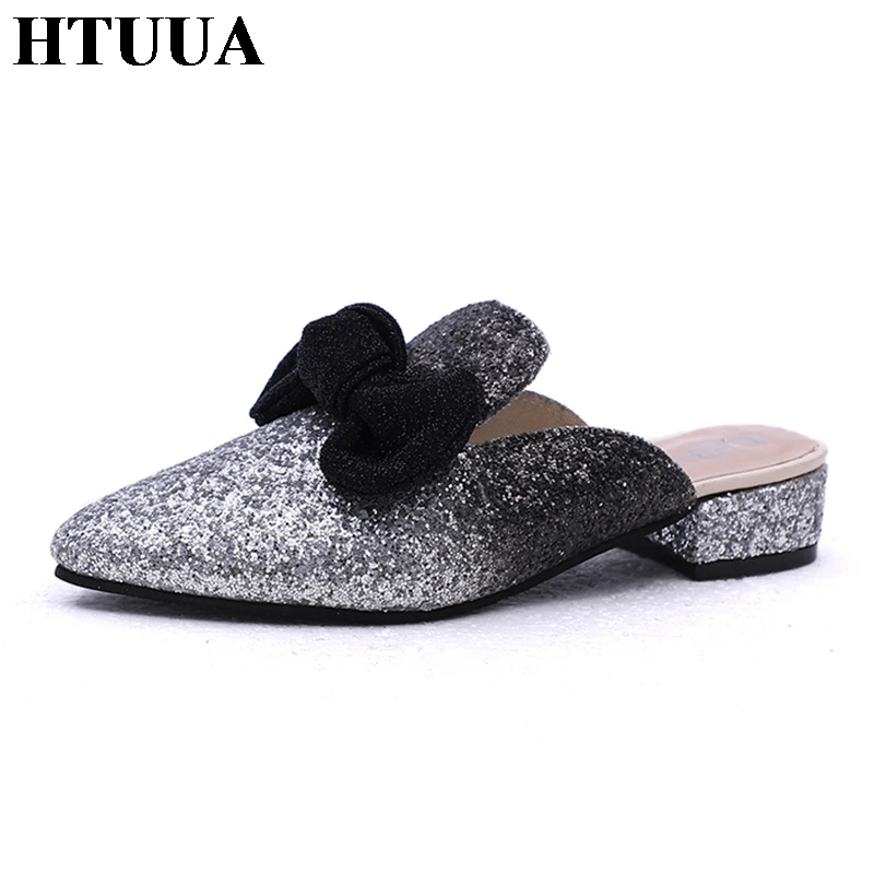 HTUUA 2018 сезон: весна–лето сексуальный острый носок с бантом шлепанцы блестками
