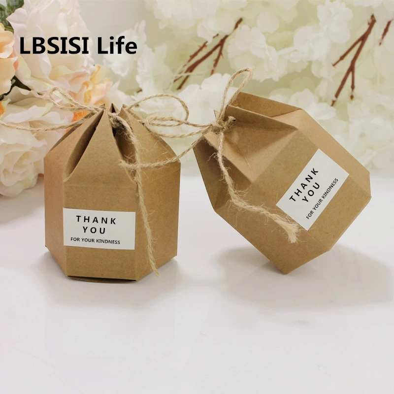 LBSISI Life 50 шт. свадебные коробки для конфет шестигранные крафт бумажные коробочки для печенья коробка DIY подарочная упаковка с наклейкой веревка