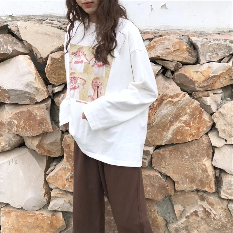 YouGeMan футболка Femme осень женские с длинным рукавом базовые Топы Корейский Ulzzang Harajuku мультфильм свободные белые футболки - Цвет: see chart