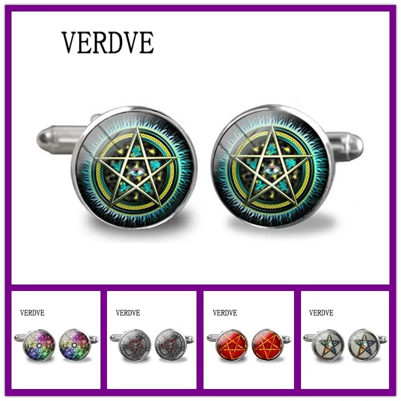 2018 Новинка стимпанк Wiccan запонки Magick Pagan пентаграмма искусство Стекло Фото