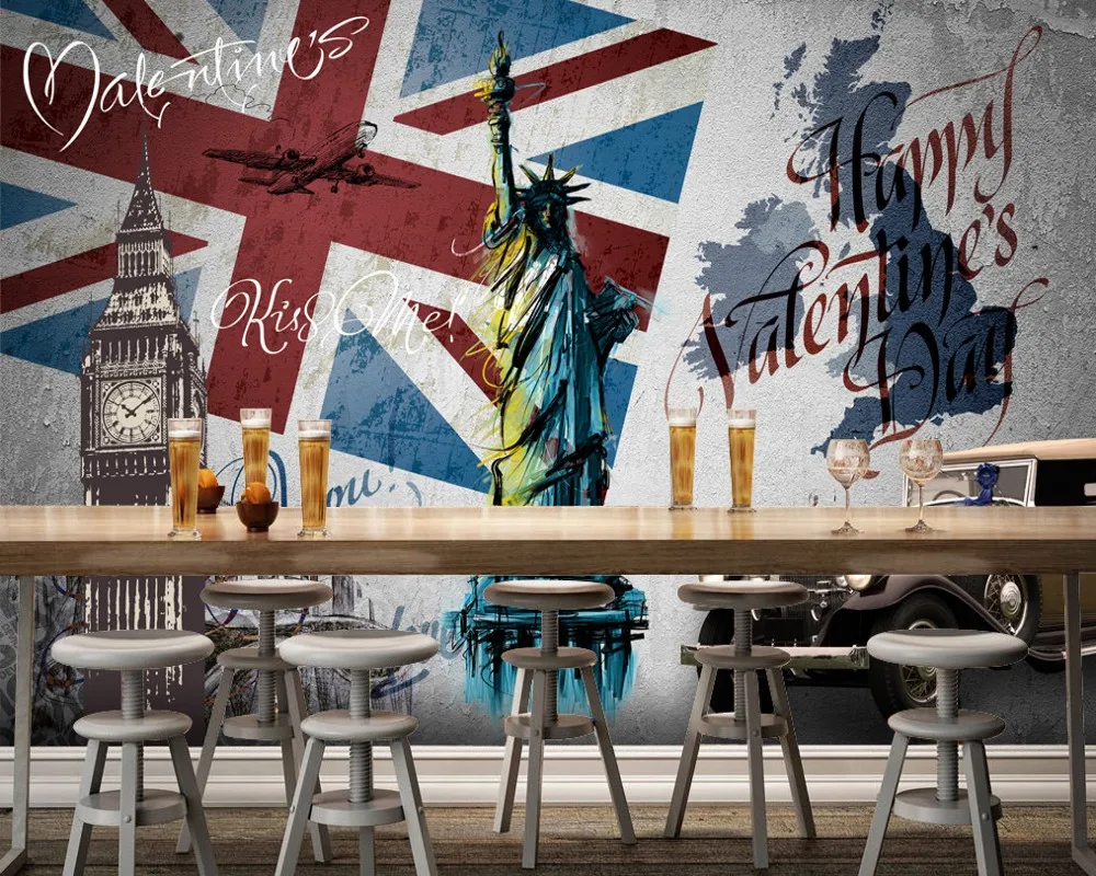 Free Shipping Custom Wallpaper Mural Retro Vintage Statue of Liberty Big Ben Background Wall Painting Living Room Decoration |