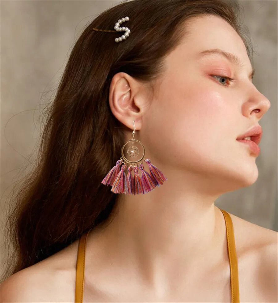 

2019 New Bohemian Retro Tassel Earrings Ethnic Long Rope Fringes Sector Pearls Drop Dangle Earrings for Women ZA Party Jewelry