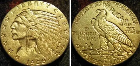 

$5 золотые индийские полуорлы 1908-D копии монет