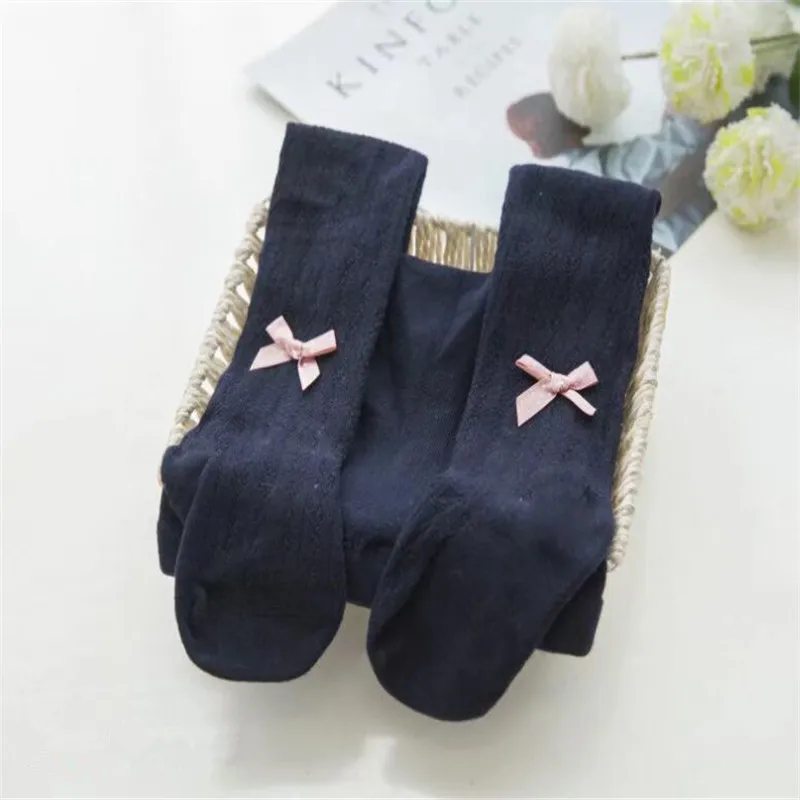Колготки для новорожденных с бантиком; сезон весна-осень; Kawaii; От 0 до 2 лет; Мягкие хлопковые колготки для маленьких девочек; теплые колготки для маленьких детей - Цвет: Navy Blue