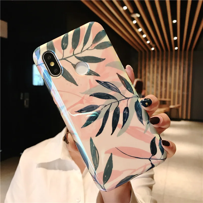Redmi Note7 Pro Luxury Phone Case Green Pink Leaves ins Hot Style Mobile Cover For xiaom mi 8 A2 9SE redimi note 7 Couqe |