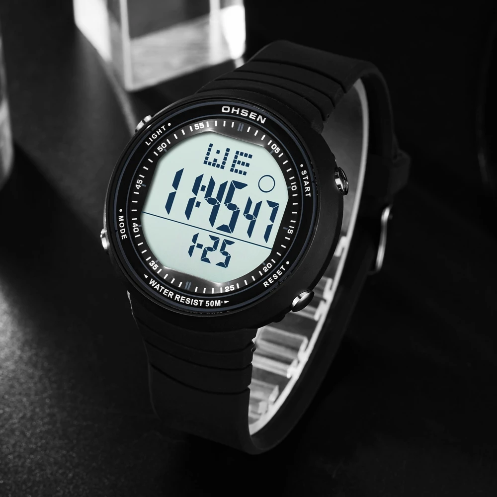 OHSEN цифровые ЖК-спортивные наручные часы мужские Relogio Masculino 50 м Водонепроницаемый Будильник Дата Резина модные белые спортивные часы для улицы подарок