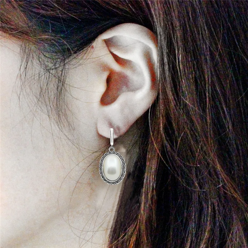 Большой овальный Серьги с жемчугом для Для женщин Винтаж Античный Посеребренная