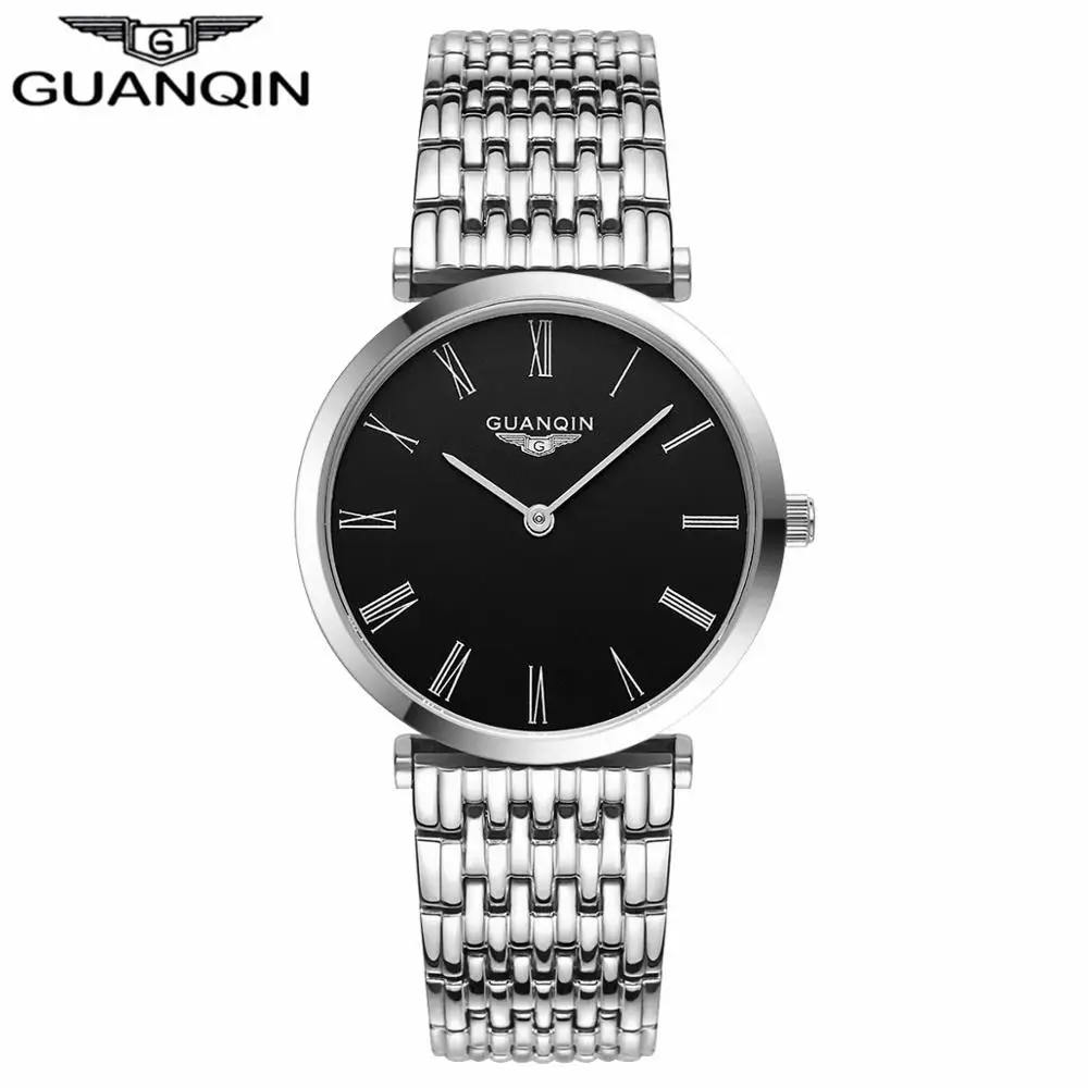 GUANQIN, женские часы, Роскошные, Топ бренд, часы, повседневные, модные, ультра тонкие, 6 мм, дизайн, золото, серебро, сталь, платье, кварцевые часы для девочек - Color: Black Roman