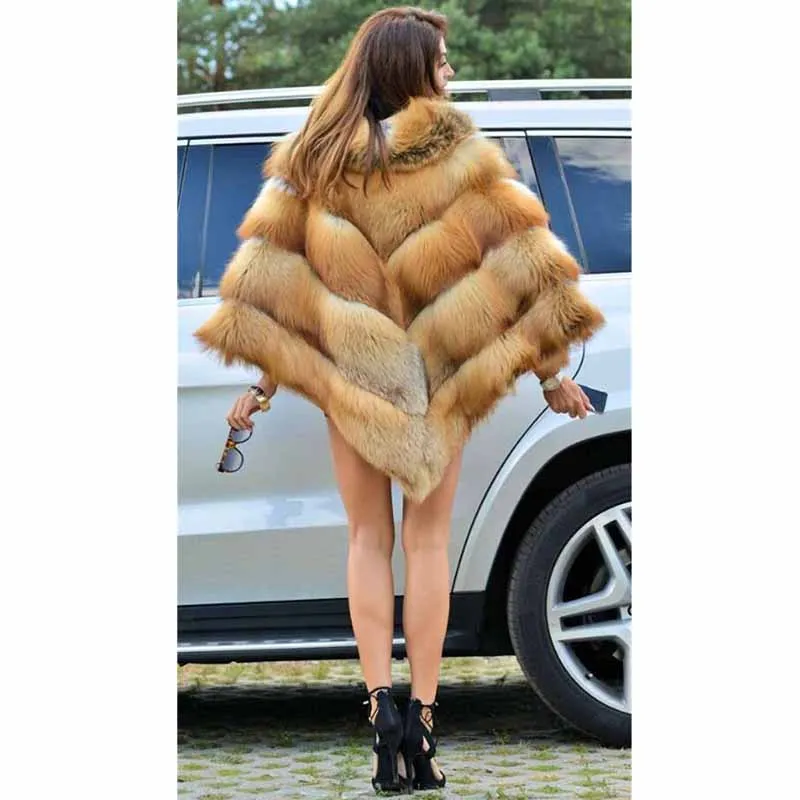 TOPFUR Plus Size Real Fur Coat Women Winter Thick Cape With Fur Collar Natural Gold Fox Fur Jacket Batwing Sleeve Luxury Poncho