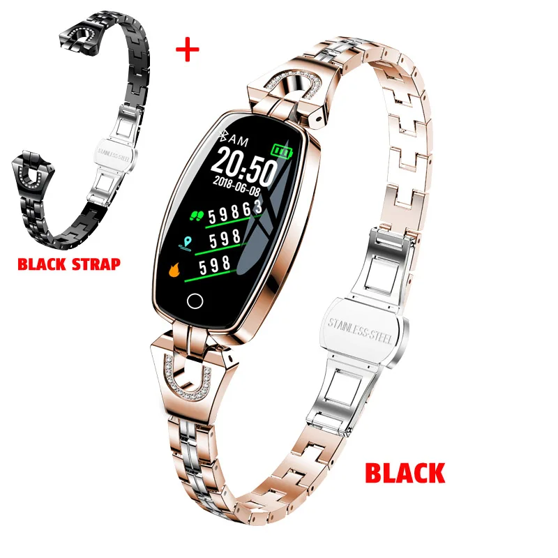 gold add black strap H8 женский умный Браслет фитнес-браслет монитор сердечного ритма кровяное давление кислородный смарт-браслет лучший подарок для леди - Цвет: gold add black strap