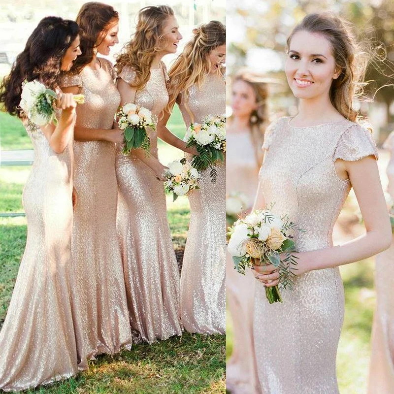 

Hot and In Elegant Ruched Sleeves Sequined Small Trailing Bridesmaids Dress / Bling bling Dress 1173
