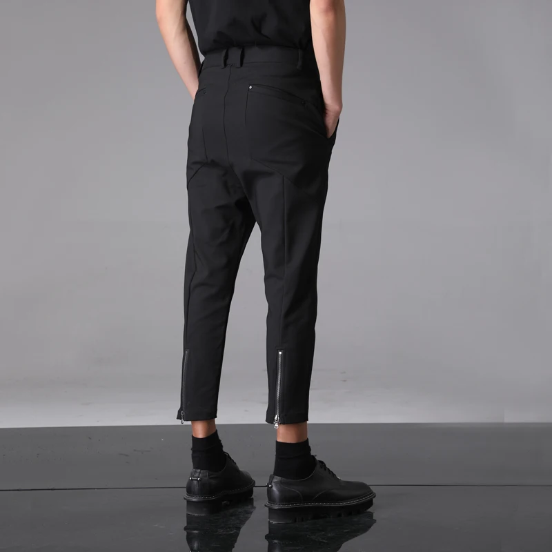 

S-6XL!!2019 Original men's wear British dark fastener back zipper design black slim casual pants nine pants men