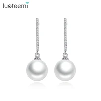 luoteemi fashion female models long tiny cz crystal line with round white imitation pearl drop dangle earrings brinco jewelry