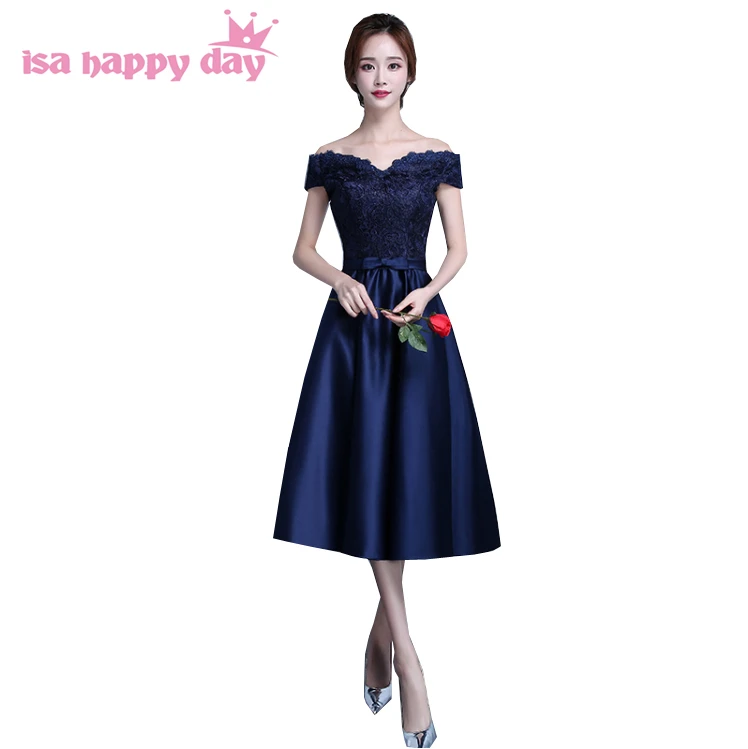 

women short beautiful girls boat neck sexy navy blue formal satin tea prom dresses summer dress new 2020 fashion ball gown H4145