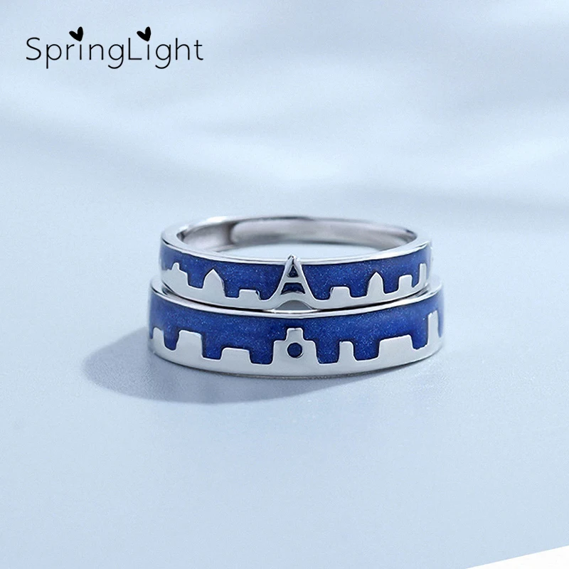 Pair Rings Весеннее кольцо с эмалью голубого неба Ван Гога, настоящее 925 пробы, Серебряное ювелирное изделие, 18 К золото, солнце, луна, звезда, пара колец для женщин - Цвет камня: Pair Rings