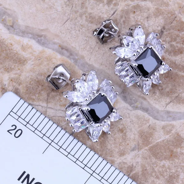 Грациозный черный кубический цирконий Белый CZ посеребренный комплект ювелирных