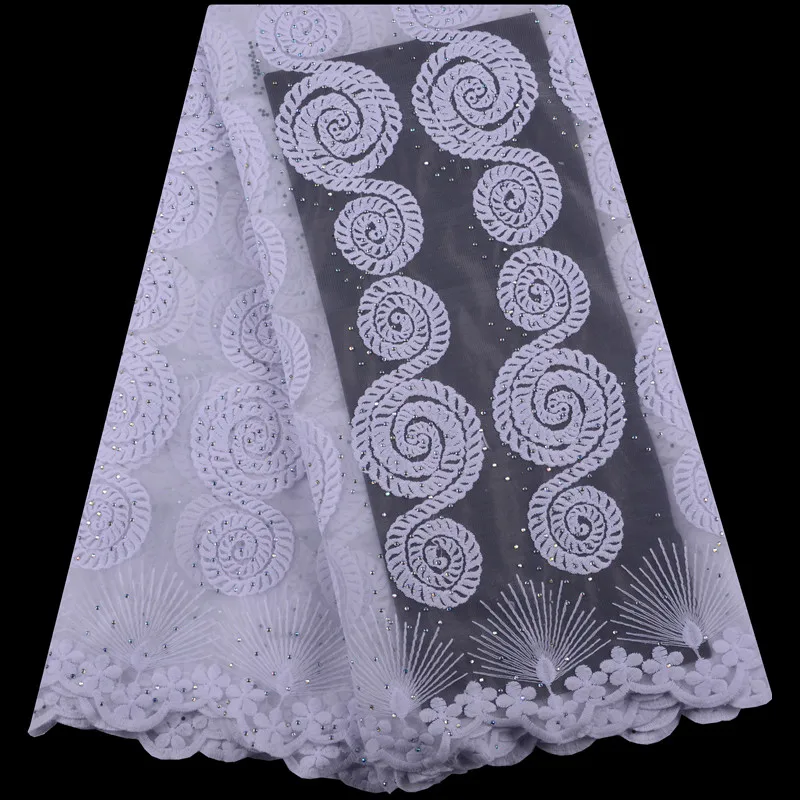 

Wholesale White African Tulle Lace Fabric High Quality Soft French Milk Silk Lace Fabric Embroidered With Stones For Dress S1431