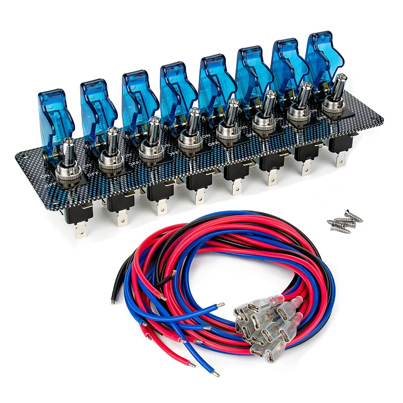 DC12V 20A гоночный автомобиль переключатель тумблер панель для гоночного автомобиля углеродное волокно 8 переключателей красный и синий гоночный автомобиль переключатель панель