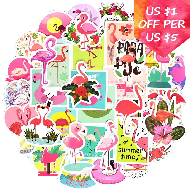 

50Pcs Flamingos Stickers For Suitcase Skateboard Laptop Cell Phone Motorcycle Bicycle Car Accessories Mixed Pink Stickers