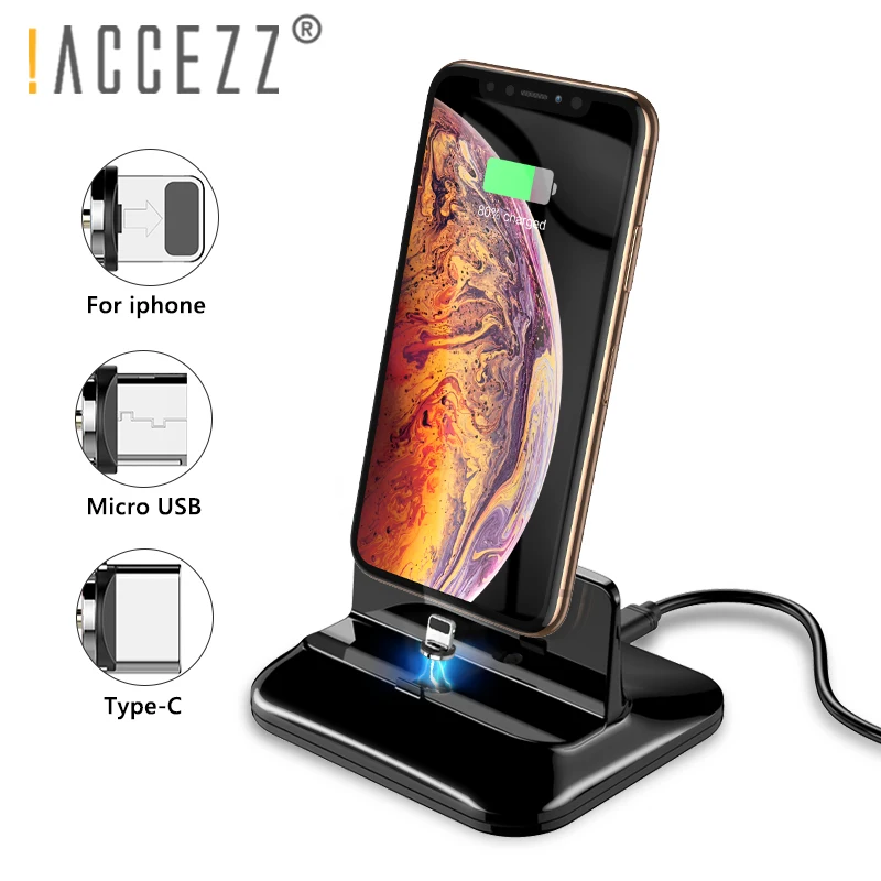 ! Магнитная Зарядная база ACCEZZ 3 в 1 Micro USB Type-C для iPhone 8 X Plus XS универсальный кронштейн