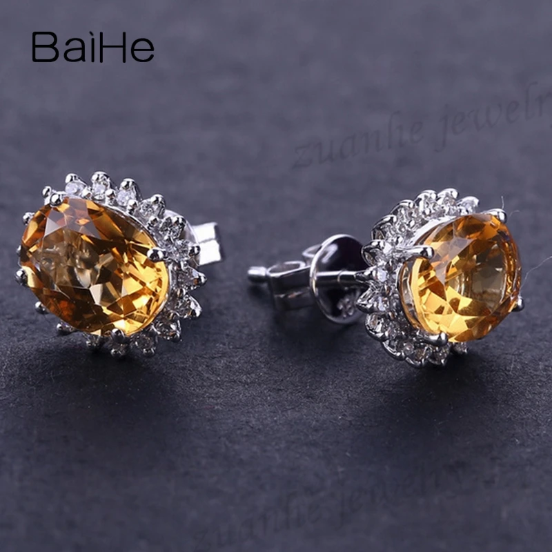 Серьги гвоздики BAIHE из белого золота с натуральным цитрином 14 к 5 х7 мм|stud earrings|citrine