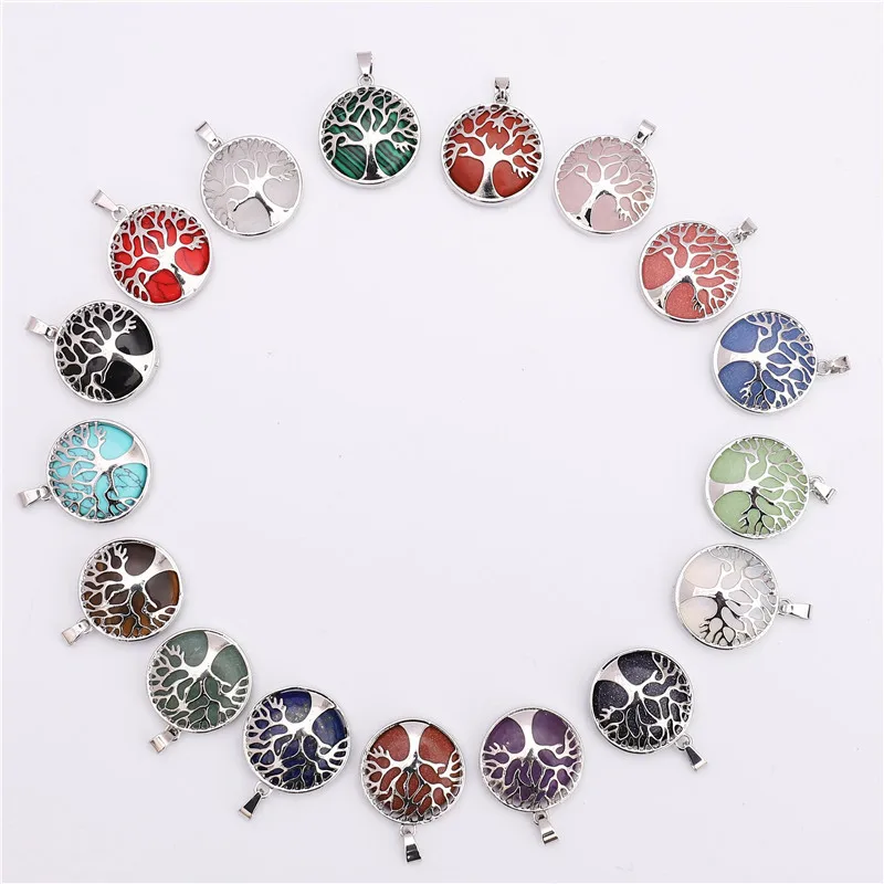 Подвеска из смешанного кристалла с деревом жизни розовый кварц аметист тигровый