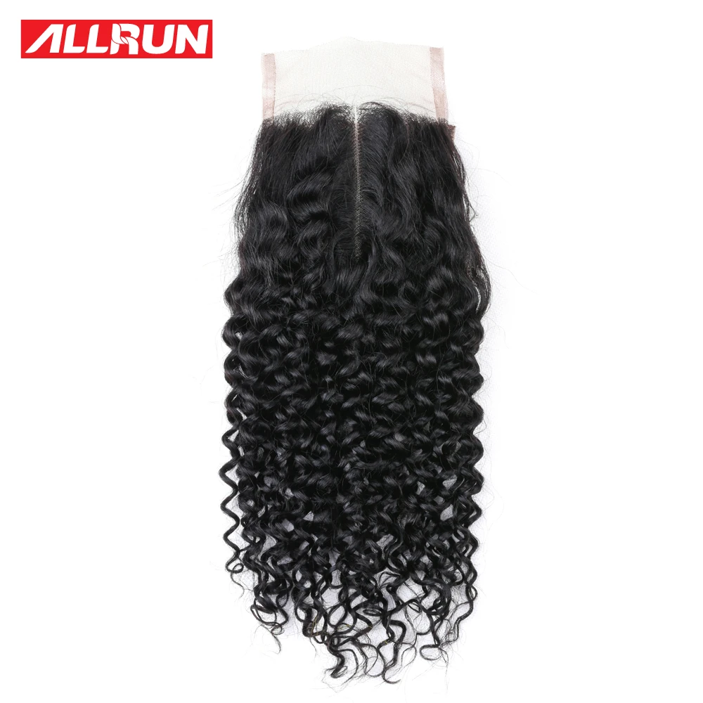 Allrun Kinky Curly кружева закрытия человеческих волос бесплатно/средний/три части 4x4