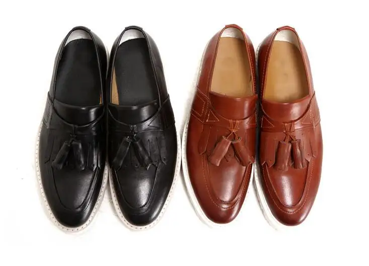 

Dress shoes men slip on genuine leather platform height increasing casual shoes tassels summer style loafers chunky heel oxfords