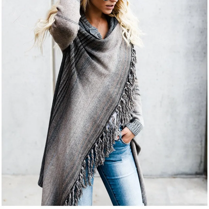 Spring Autumn Women Irregular Hem Long Knitted Cardigan Jacket Casual Tassel Striped Cloak Cardigans Coats Oversized Stripe Tops |