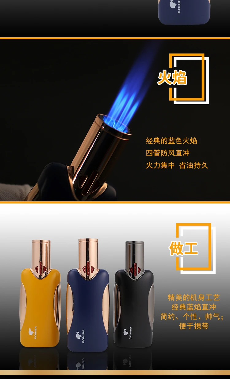 COHIBA гаджеты металлический карманный размер газ-бутан ветрозащищенная 4 факел пламени прикуриватель с подарочной коробкой