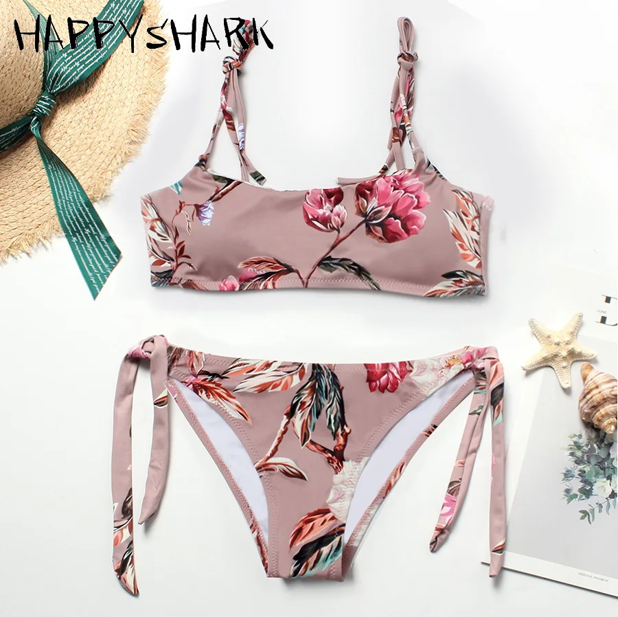 Бикини HAPPYSHARK с цветочным принтом новинка 2019 Бразильское бикини розовое стринги