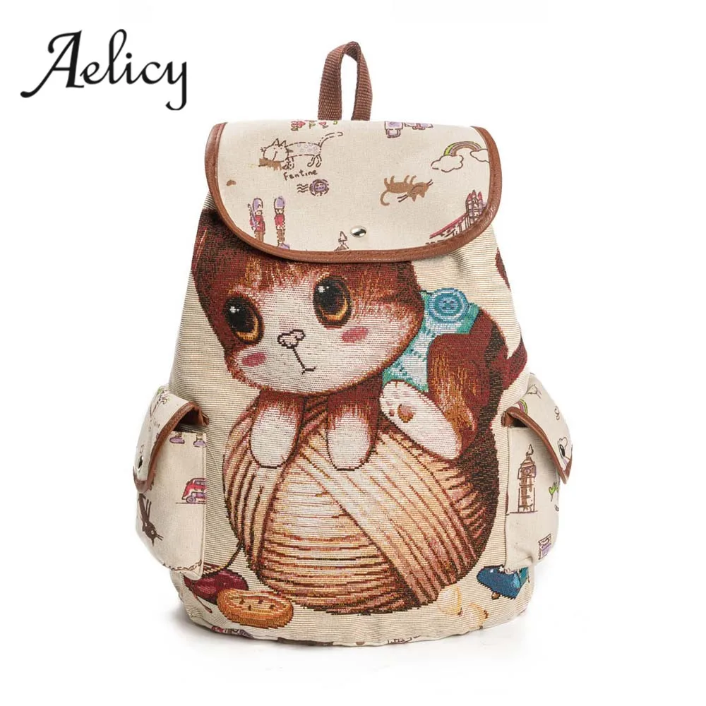 Рюкзаки Aelicy с изображением кота для девочек модные холщовые школьные ранцы