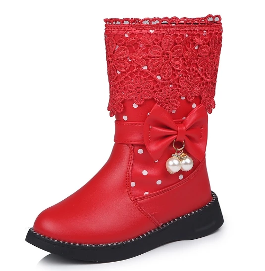 

2019 winter children's high-top cotton shoes bow cute doubling lace plus velvet girls cotton shoes snow boots in the high tube