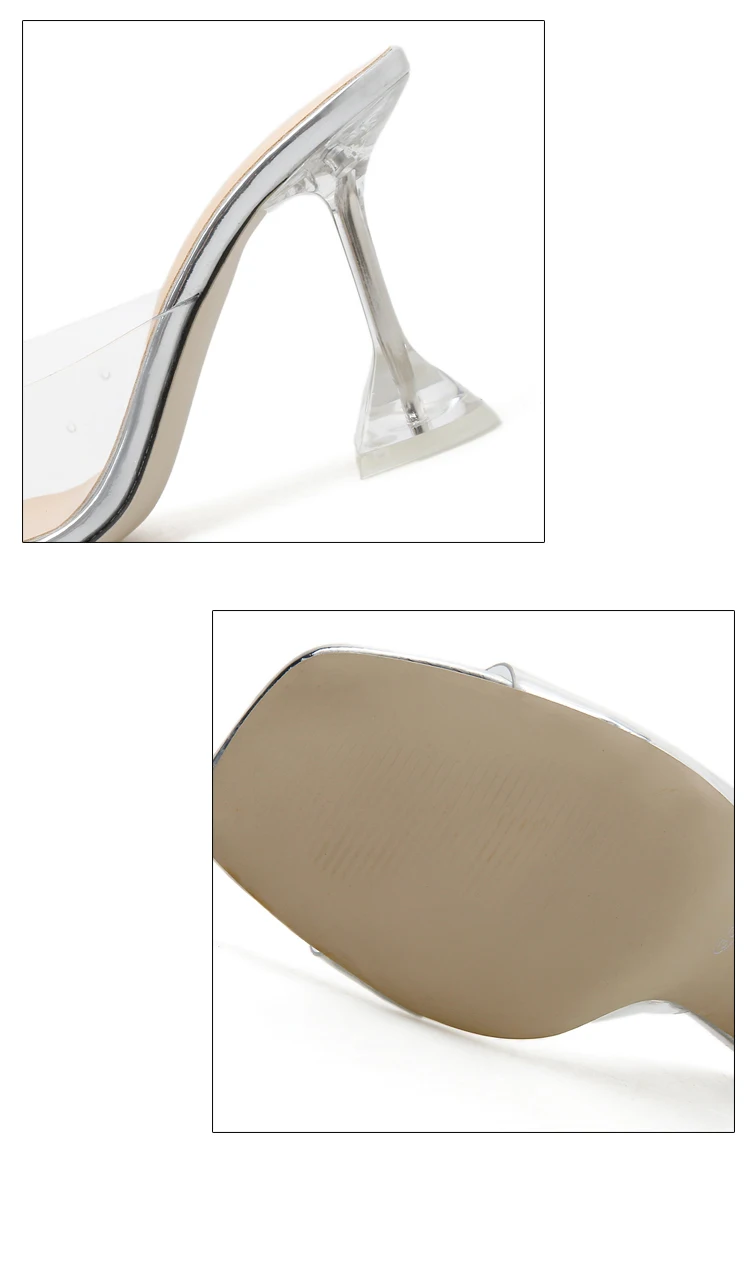 Aneikeh New PVC Transparent Women Slippers Open Toe Thin High Heel Women's Shoes Square Toe Silver Fluorescent Yellow 35-40