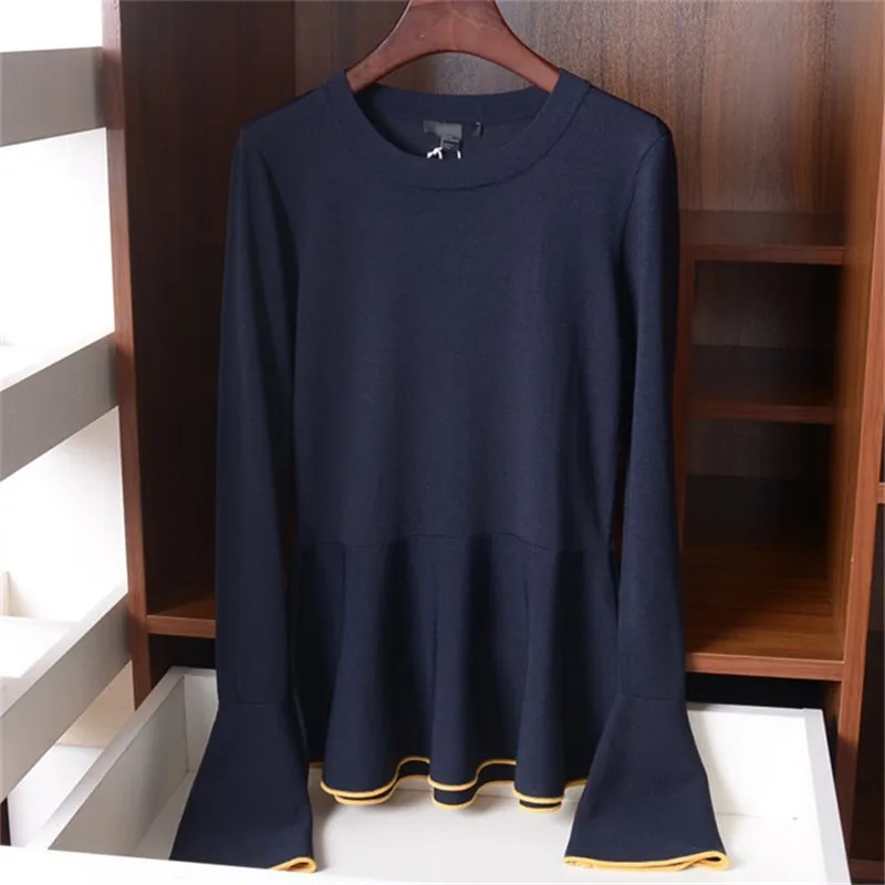 

polyester viscose blend knit women fashion solid Oneck pullover sweater flare sleeve XS-M retail wholesale