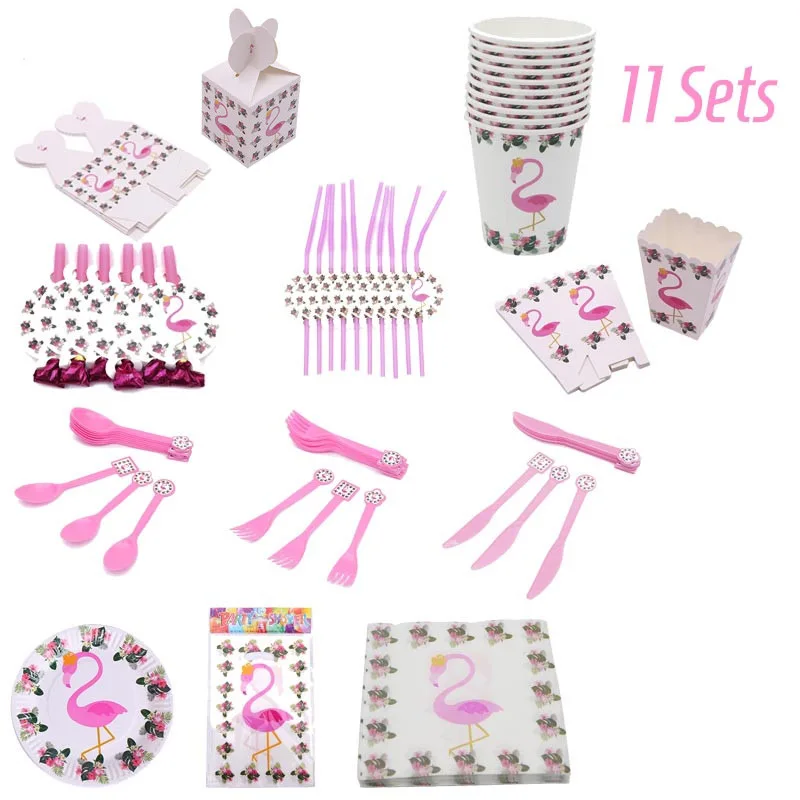 11Sets No Cake Stand Фламинго вечерние столовые приборы набор одноразовые бумажные салфетки чашка тарелка Дети День рождения Лето Гавайские вечерние Декор латексные воздушные шары - Цвет: 11Sets No Cake Stand