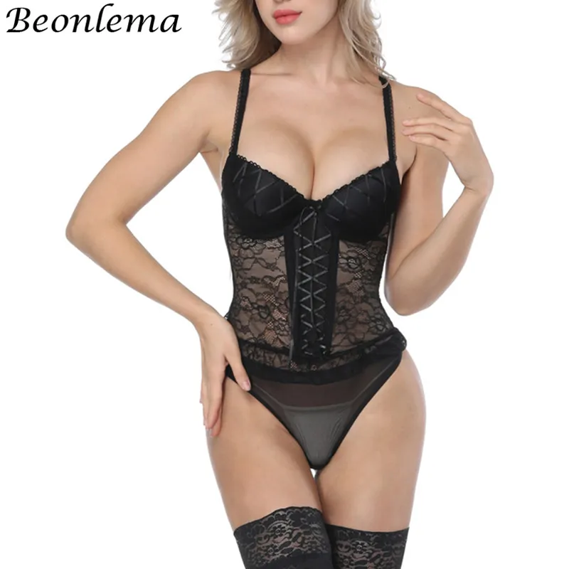 

Beonlema Black Lace Corset Sexy Ribbon Women Hot Lingerie Transparent Mesh Underwear Corset Set Women Push Up Bras Bustier